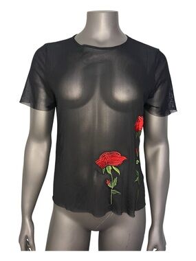 Twinkle Mesh Top M Black Red Rose Embroidered Raw Hem Short Sleeve Goth Tee
